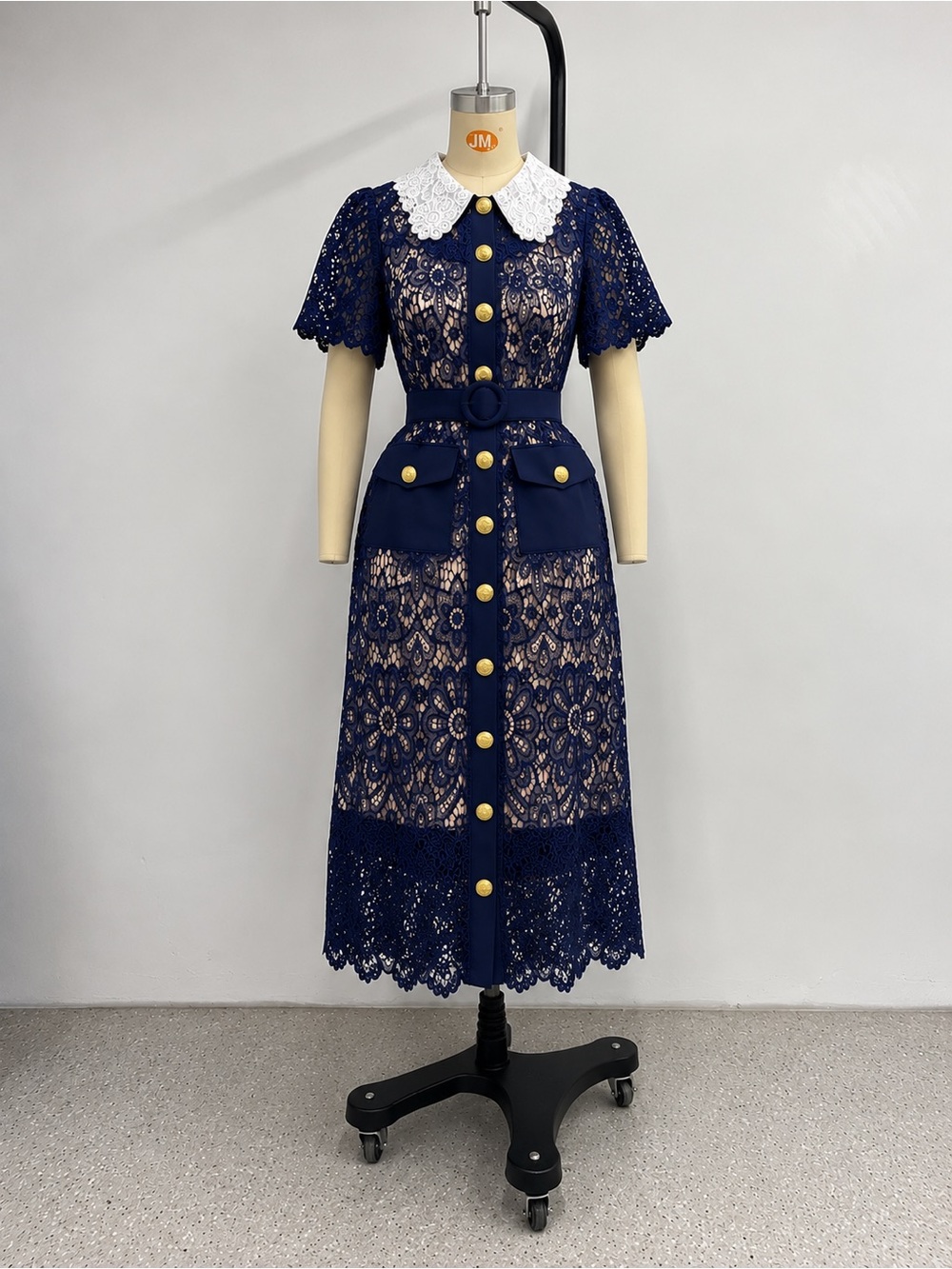 Navy Lace Midi Dress with White Peter Pan Collar - Blue lace gown Dress